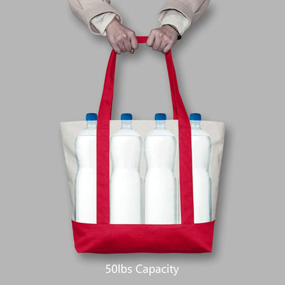 Red and Beige Large Canvas Tote Bag | 19" x 15" x 6"