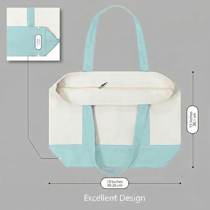 Sky Blue and Beige Large Canvas Tote Bag | 19" x 15" x 6"