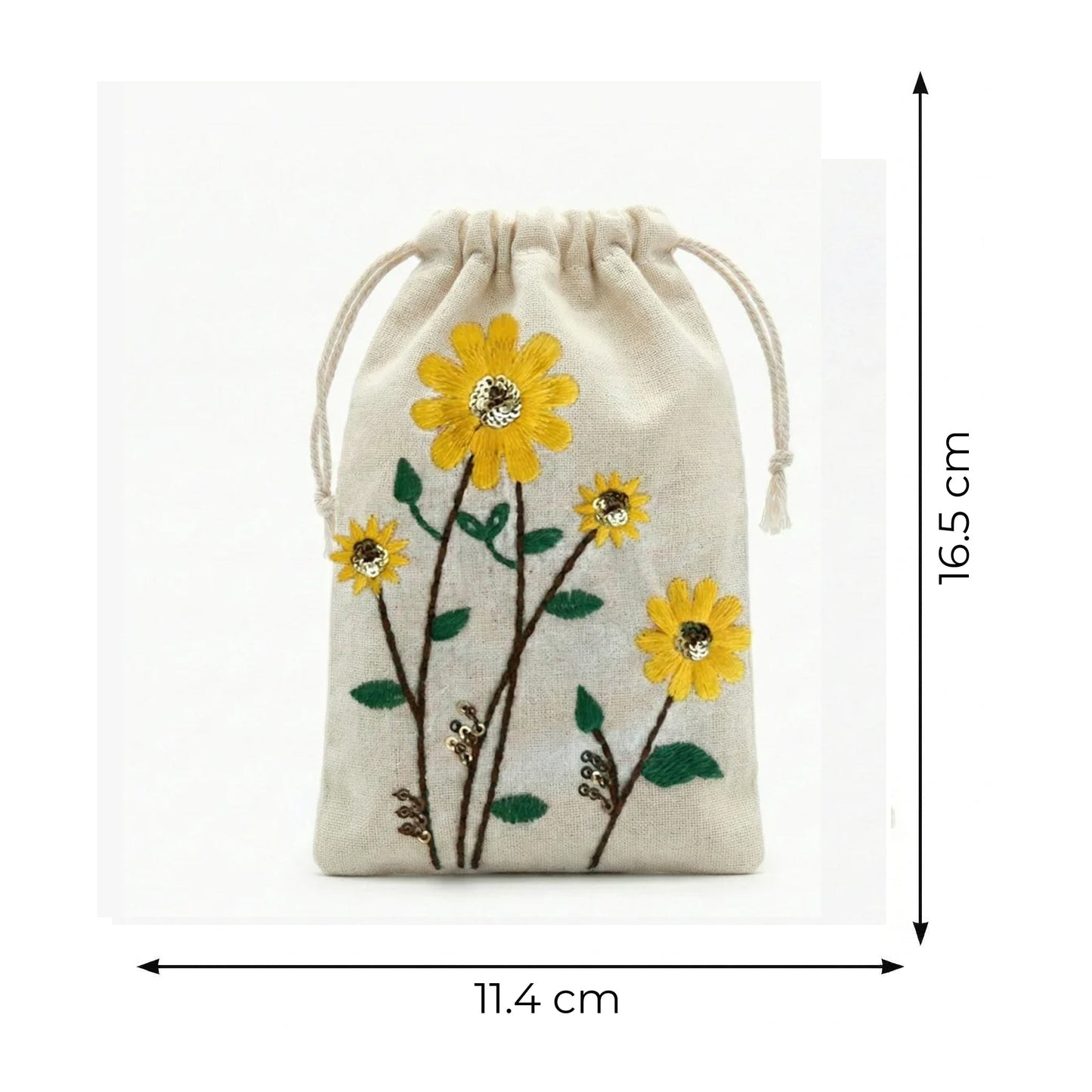 Sunflower Embroidered Cotton Drawstring Pouch Bag