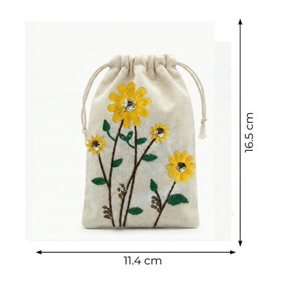 Sunflower Embroidered Cotton Drawstring Pouch Bag