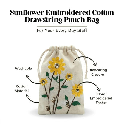 Sunflower Embroidered Cotton Drawstring Pouch Bag