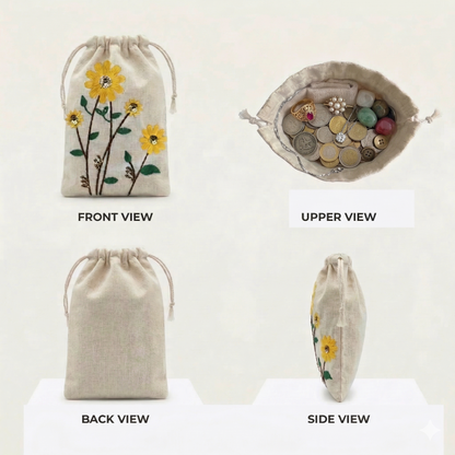 Sunflower Embroidered Cotton Drawstring Pouch Bag