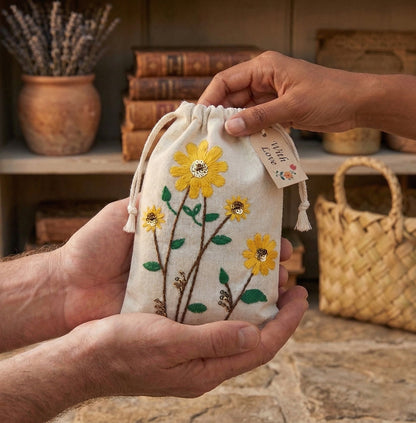 Sunflower Embroidered Cotton Drawstring Pouch Bag