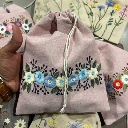 Floral Pink Embroidered Drawstring Bag