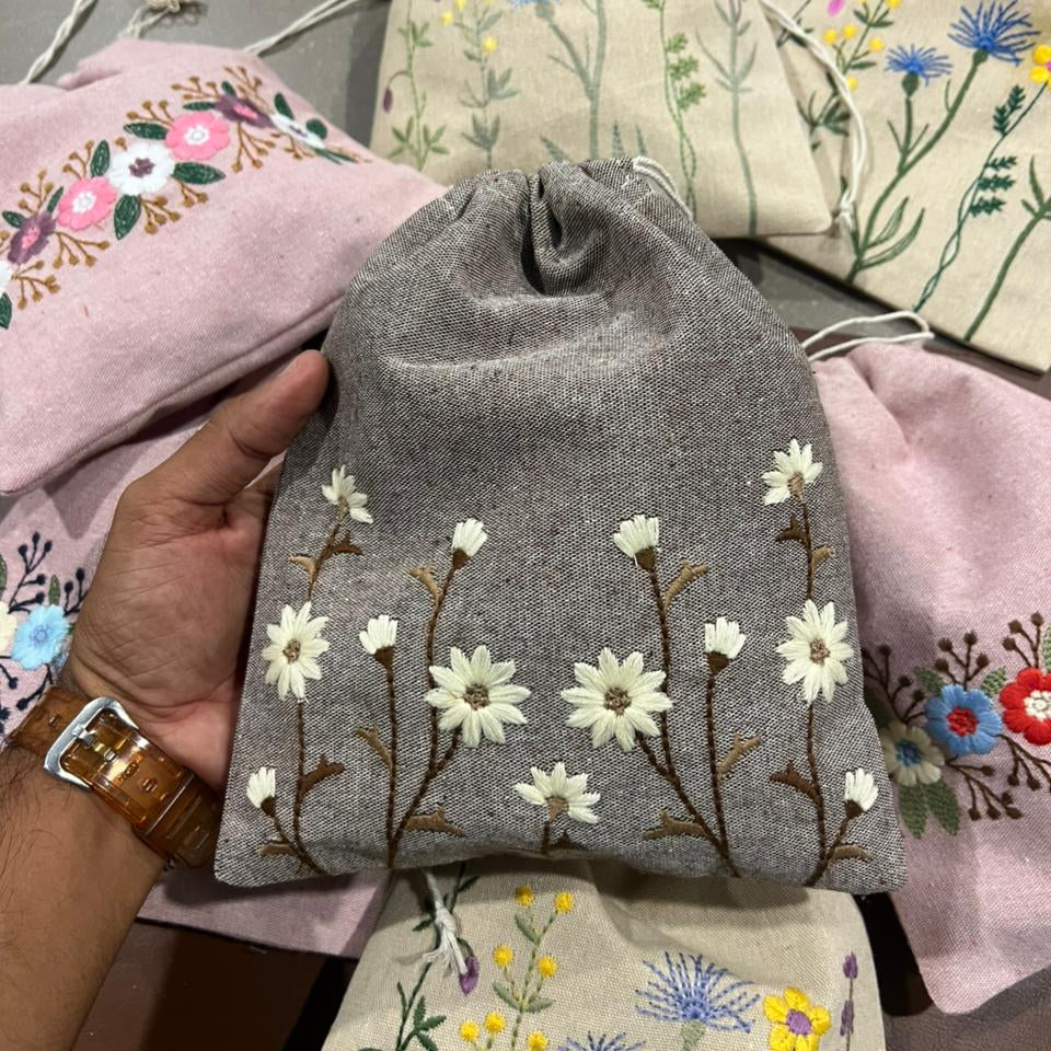 Floral Brown Embroidered Drawstring Bag