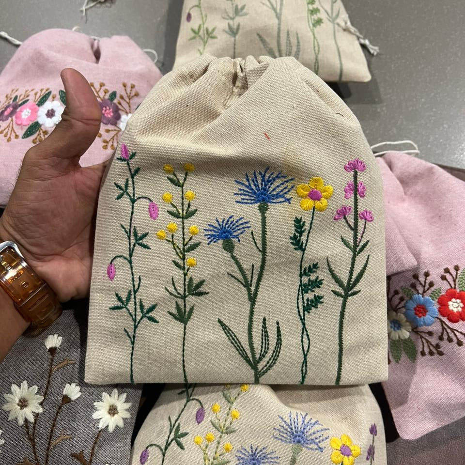 Floral Yellow Embroidered Drawstring Bag