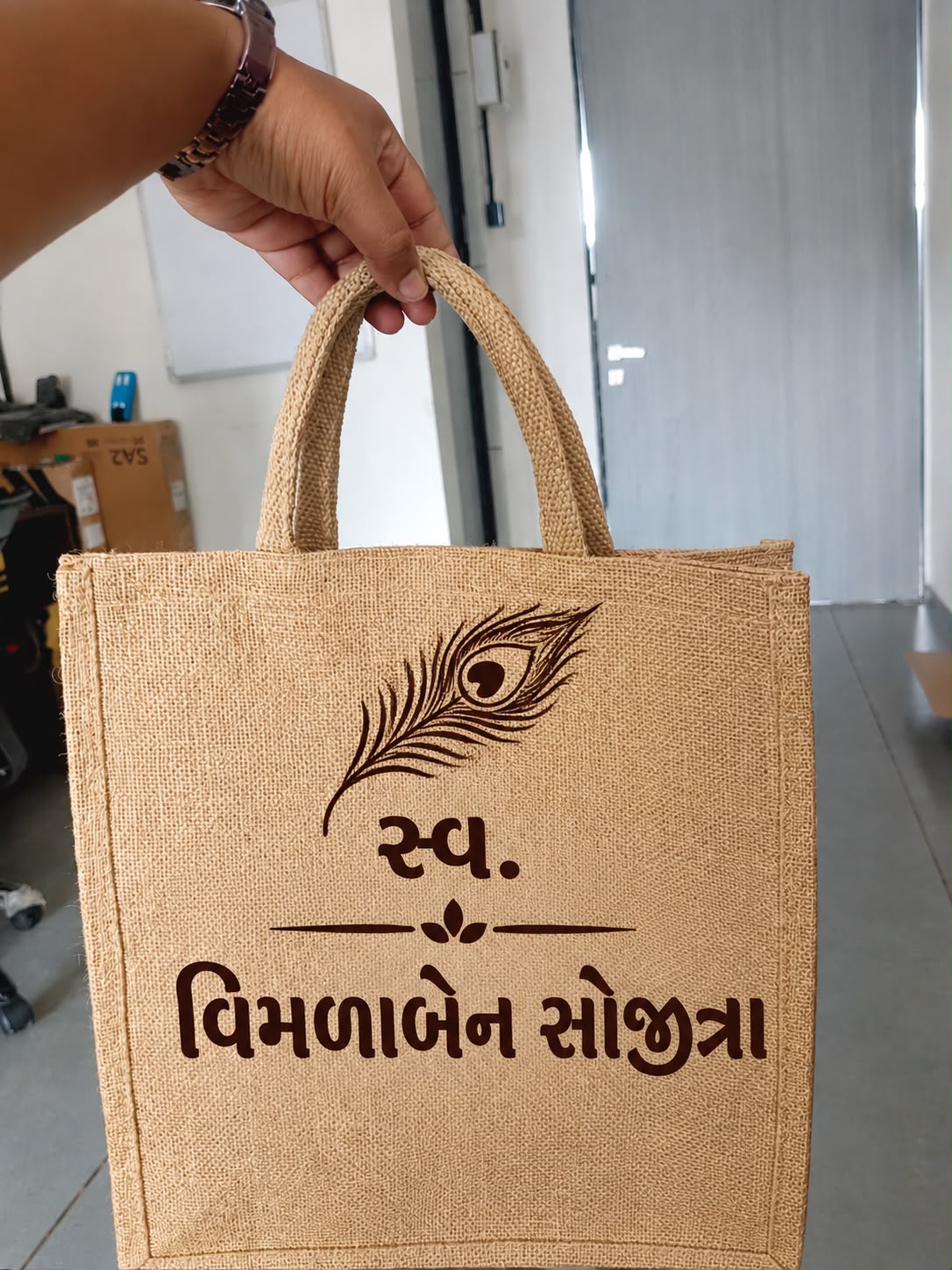 Jute tote bag with printed Gujarati design